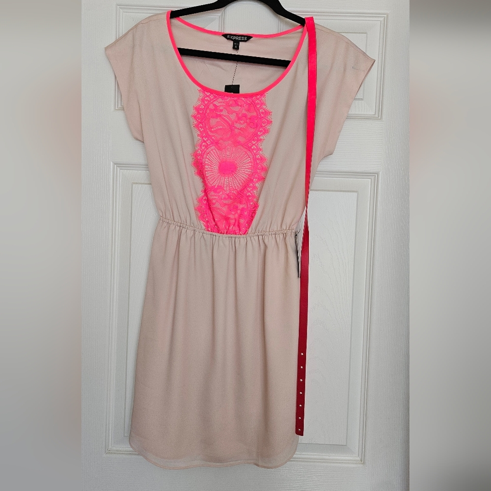 Express Blush Dress with Neon Pink Lace Panel